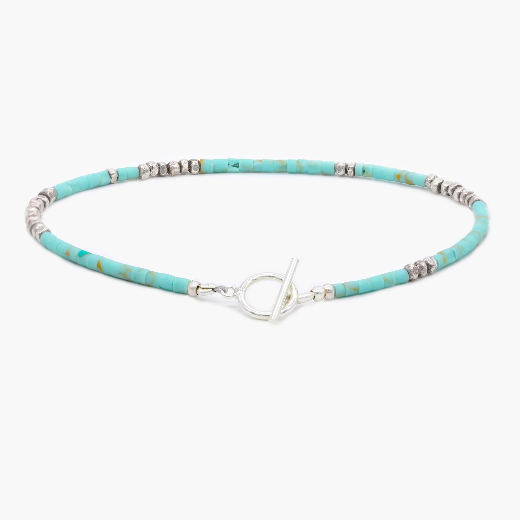 2mm Bracelet With Afghani Stones And Silver Beads (Light Blue)