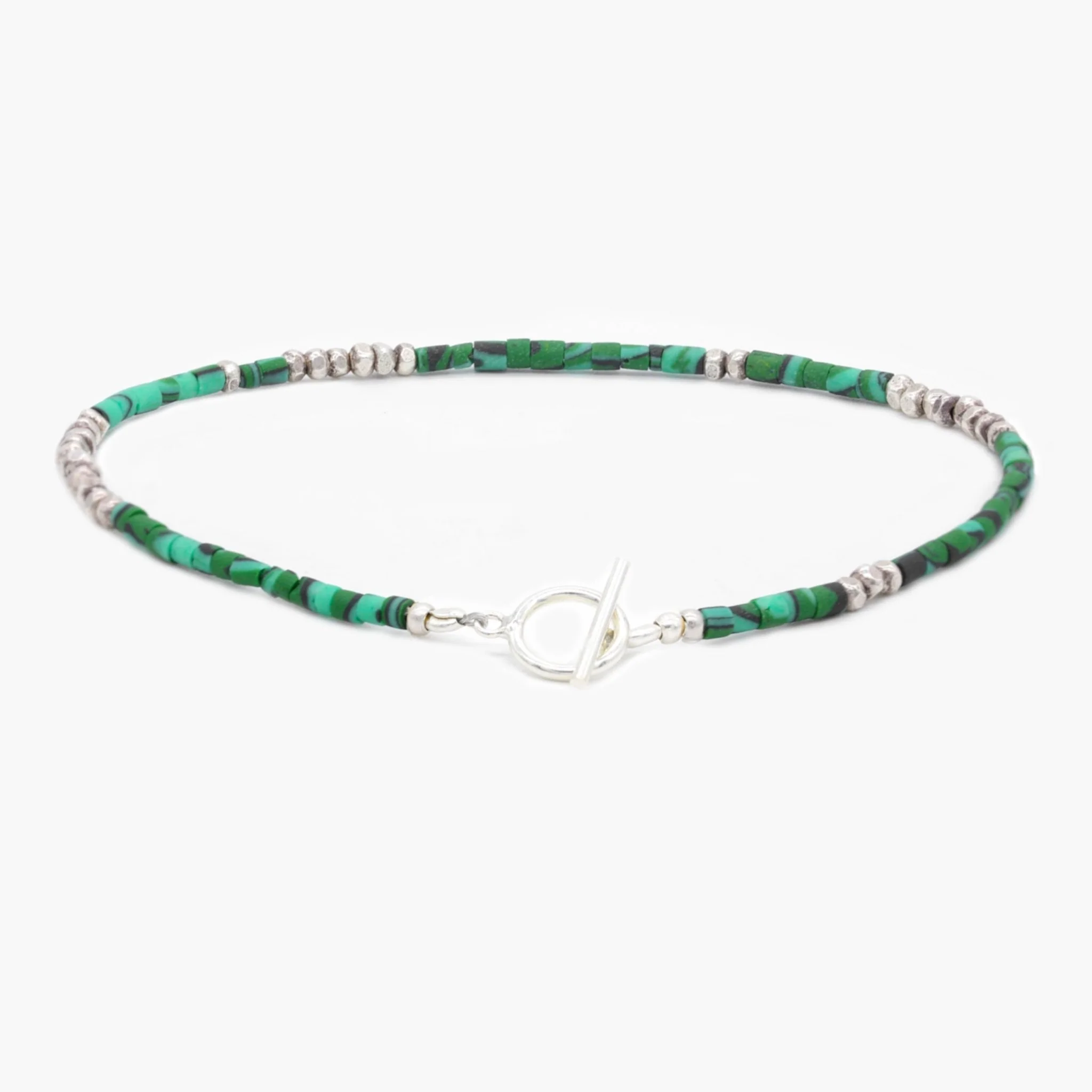 2mm Bracelet With Afghani Stones And Silver Beads (Malachite)