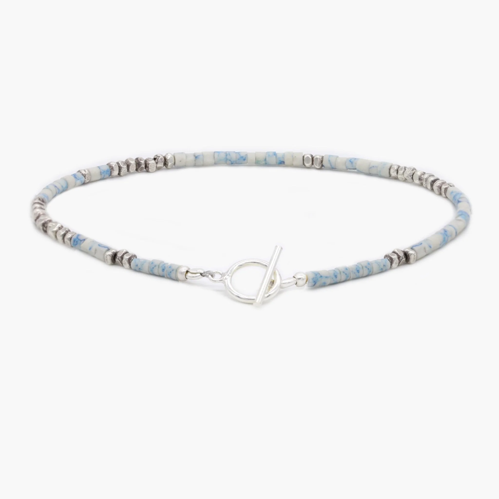 2mm Bracelet With Afghani Stones And Silver Beads (Marble)