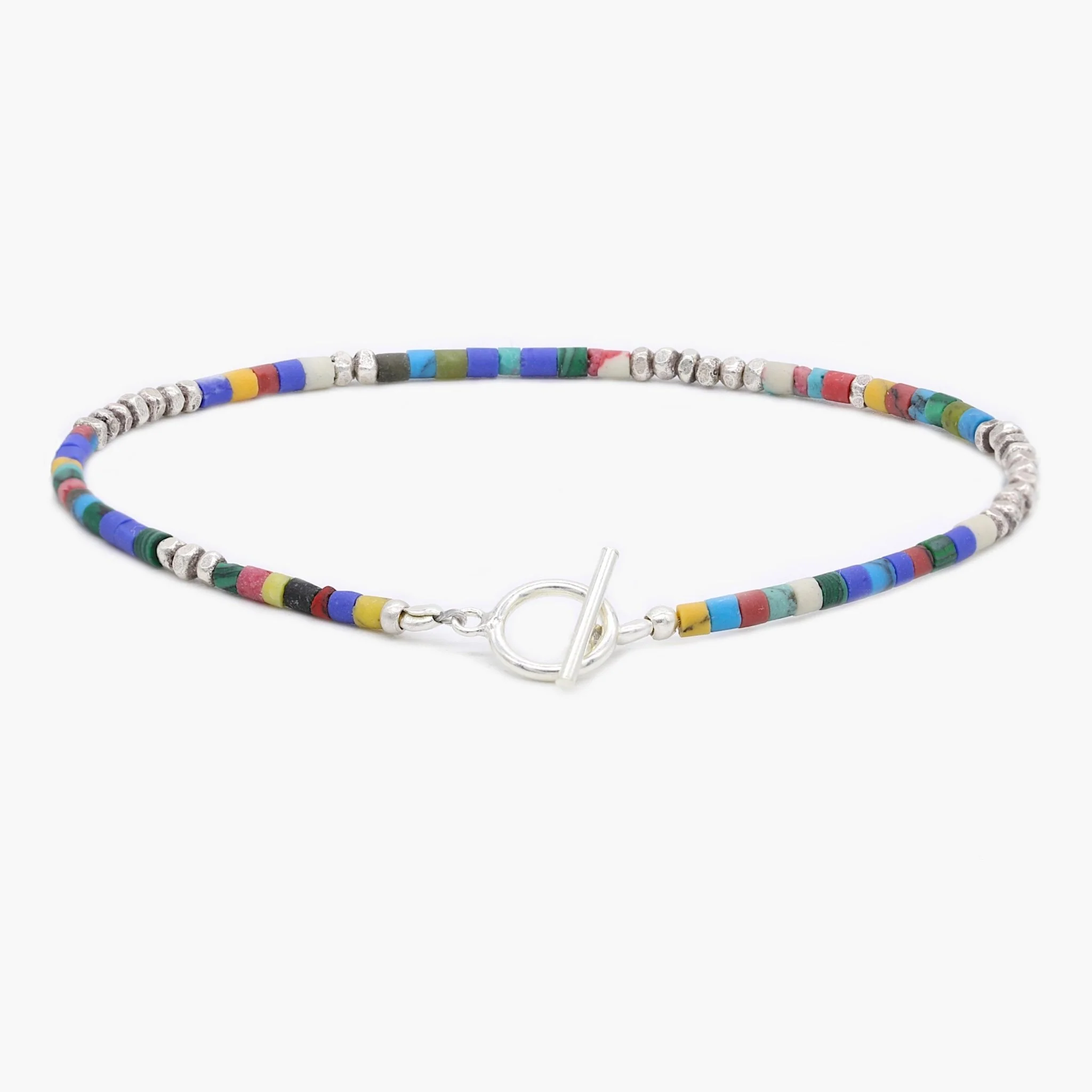 2mm Bracelet With Afghani Stones And Silver Beads (Multicolors)