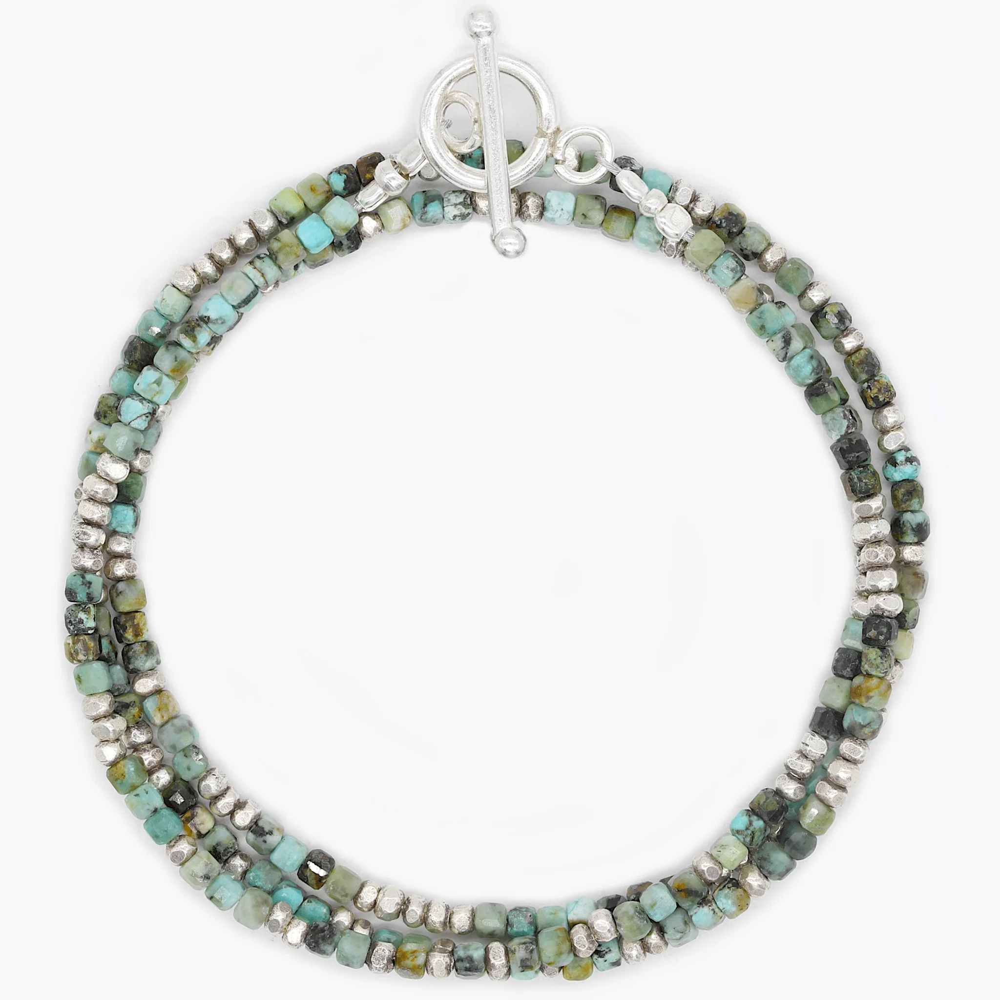 3 Laps Bracelet With Natural African Turquoise And Sterling Silver Beads