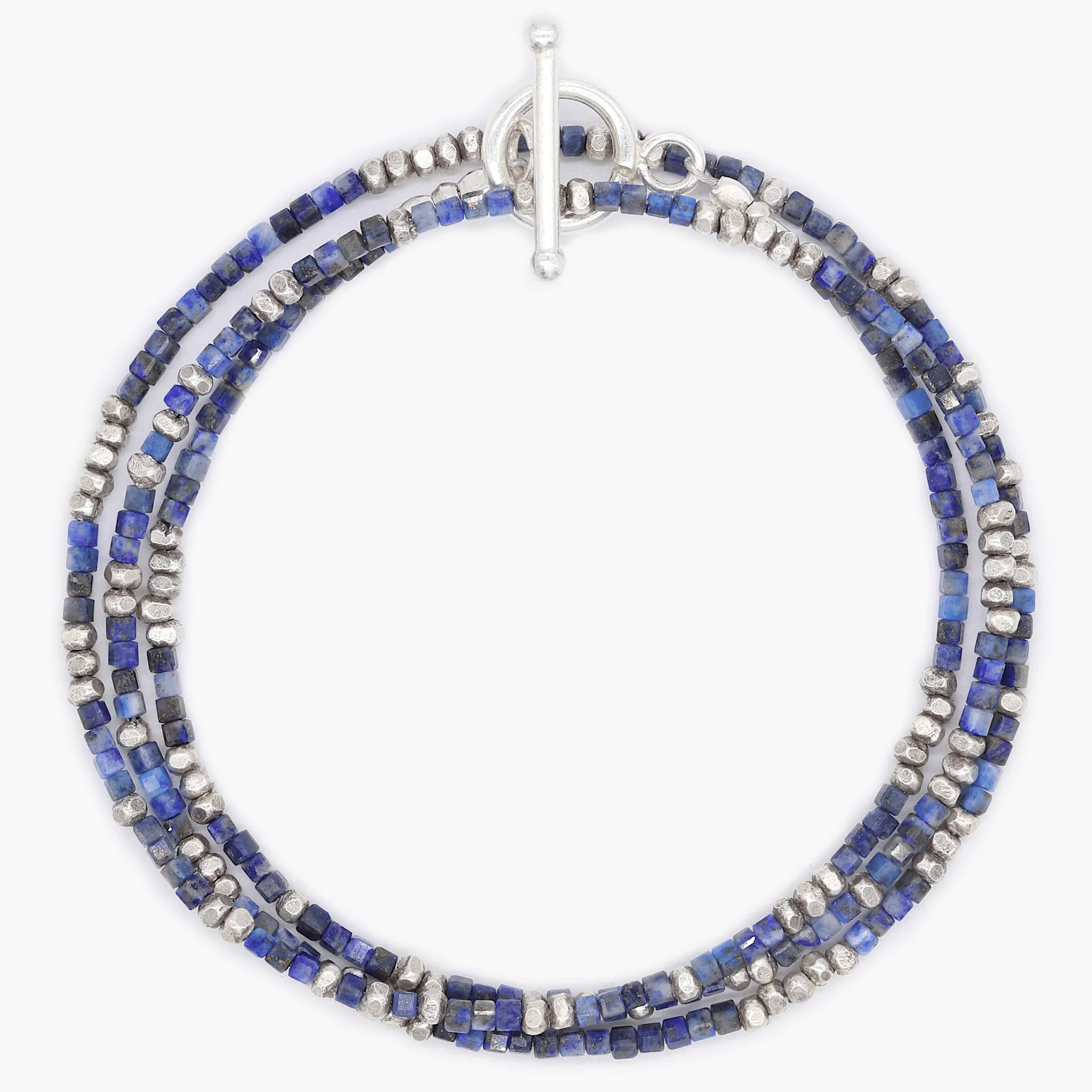 3 Laps Bracelet With Natural Lapis And Sterling Silver Beads