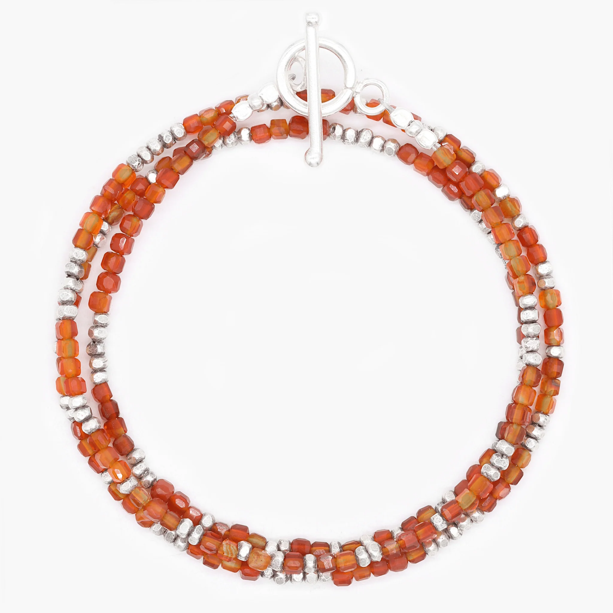 3 Laps Bracelet With Natural Red Agate And Sterling Silver Beads