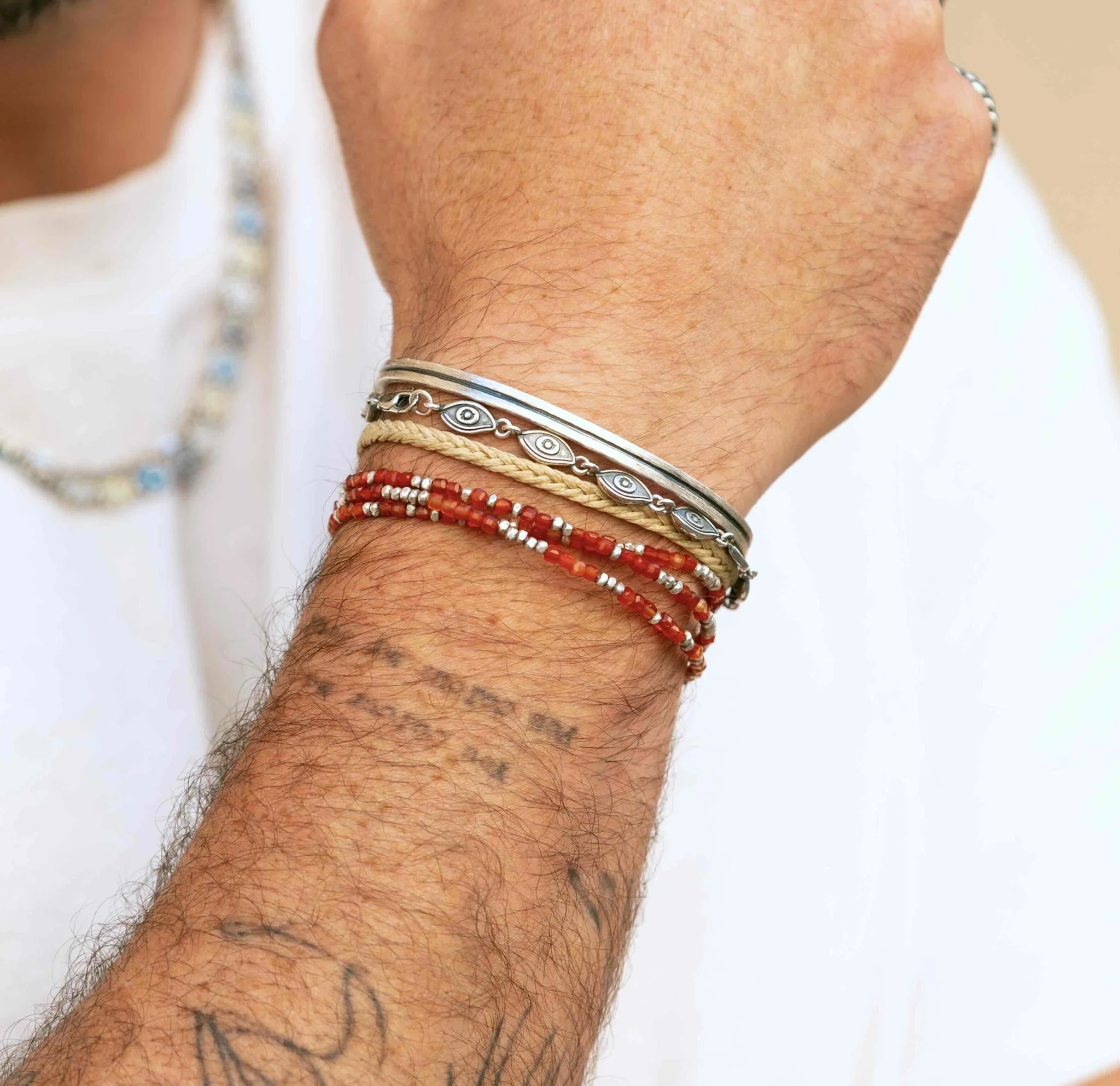 3 Laps Bracelet With Natural Red Agate And Sterling Silver Beads - Image 3
