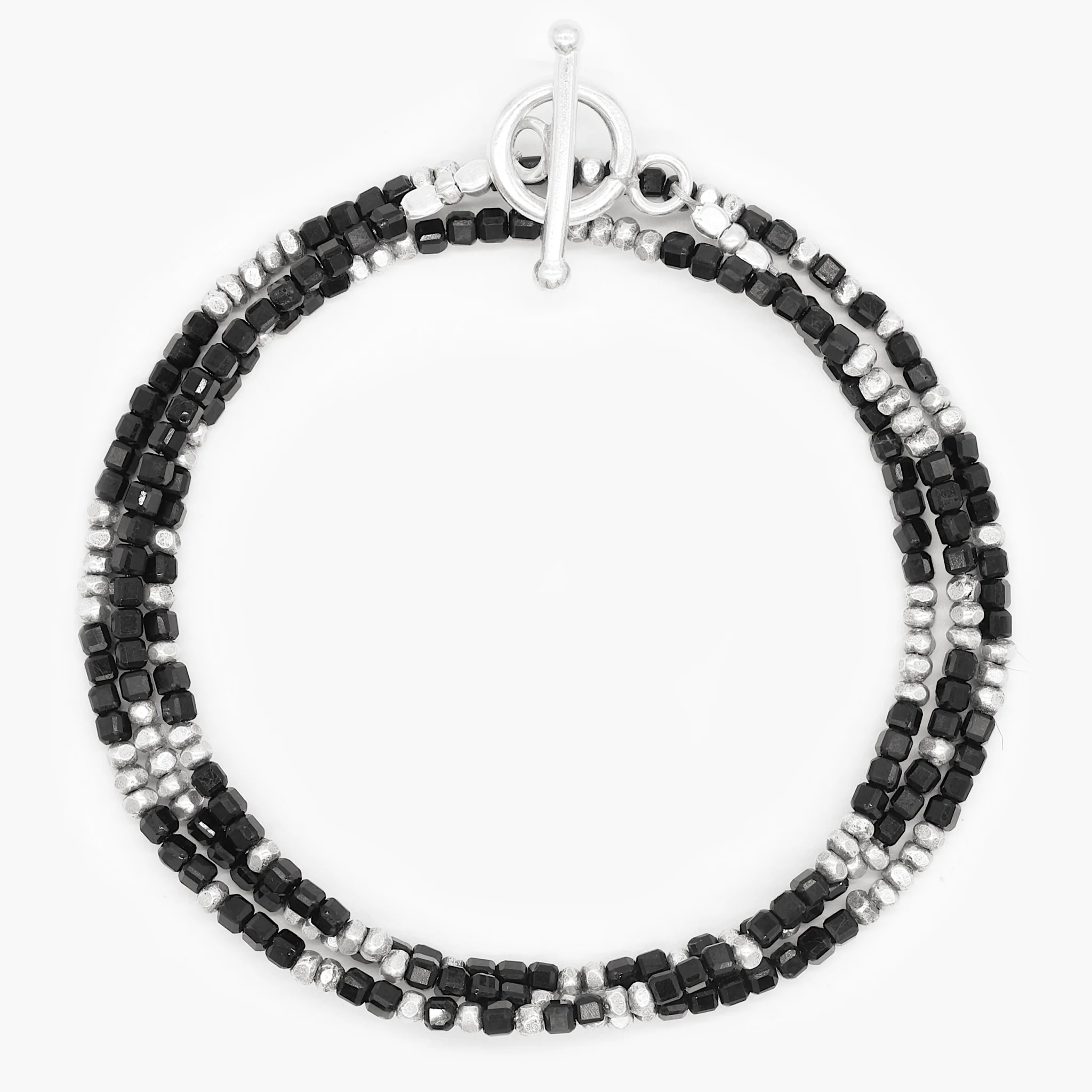 3 Laps Bracelet With Natural Onyx And Sterling Silver Beads