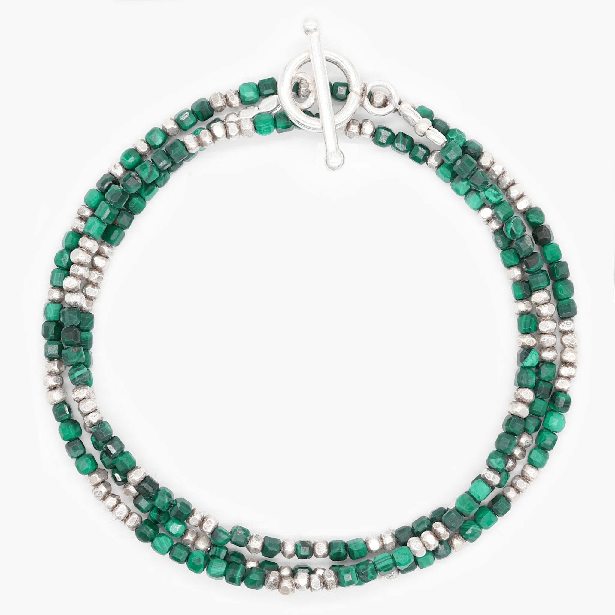 3 Laps Bracelet With Natural Malachite And Sterling Silver Beads