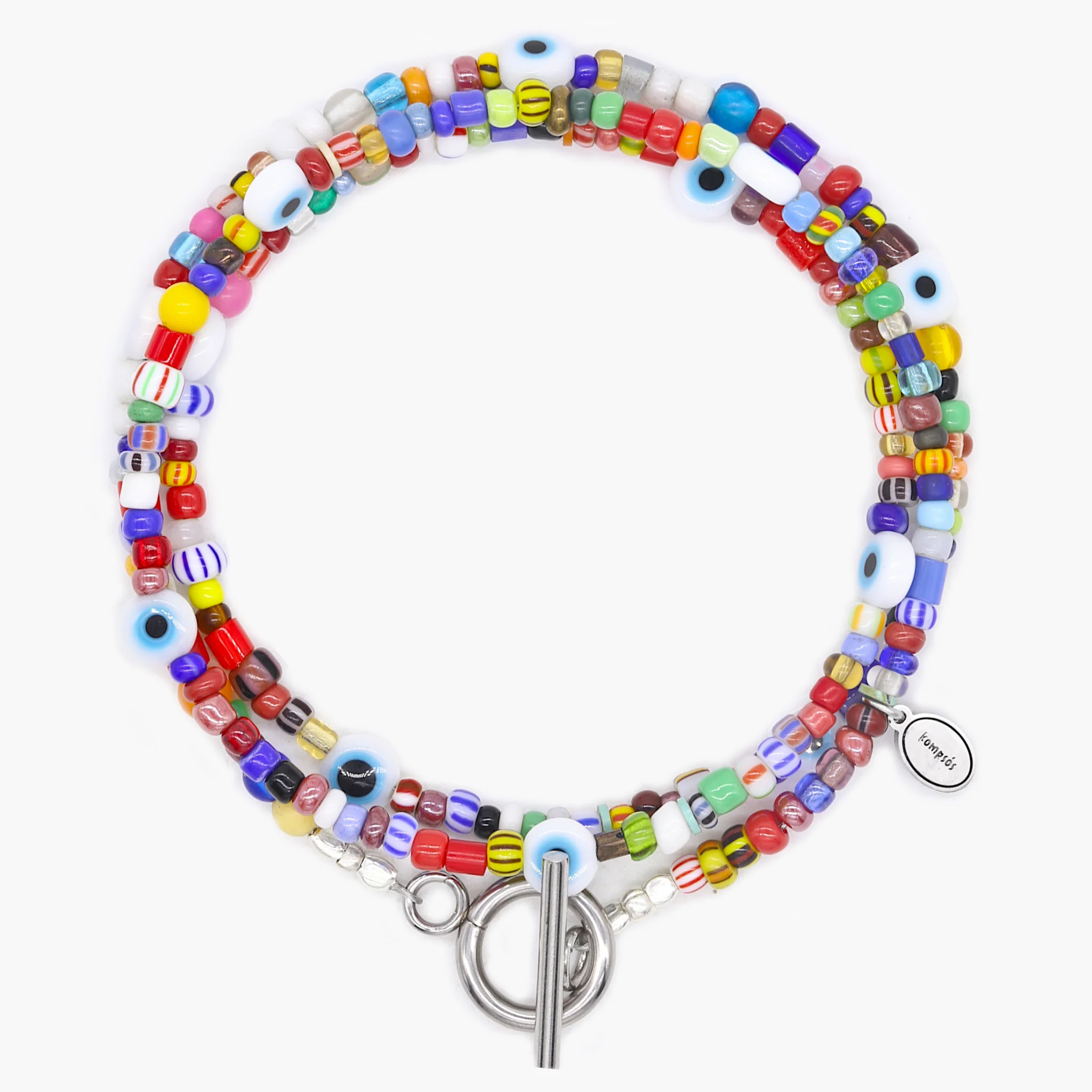 3 Laps Bracelet With Recycled Glass Beads And Evil Eye