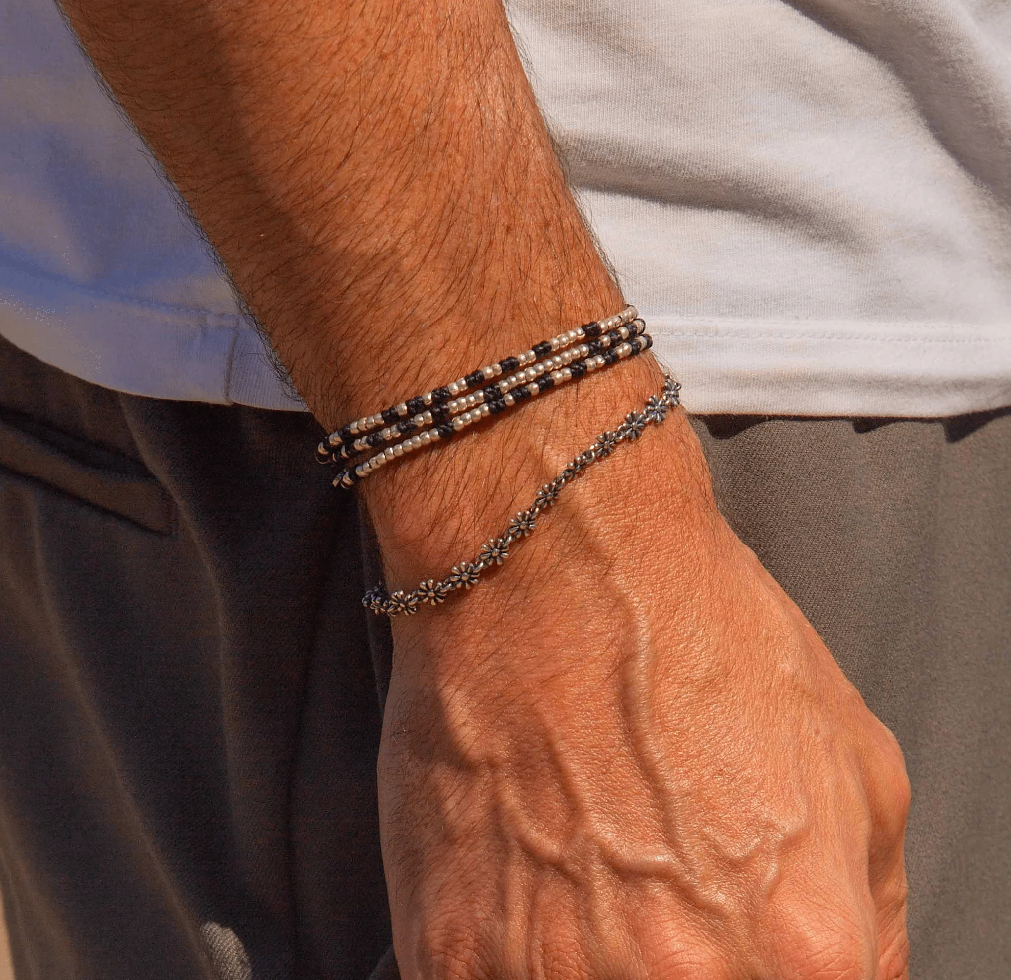 3 Laps Braided Bracelet With Sterling Silver Beads (Grey) - Image 3