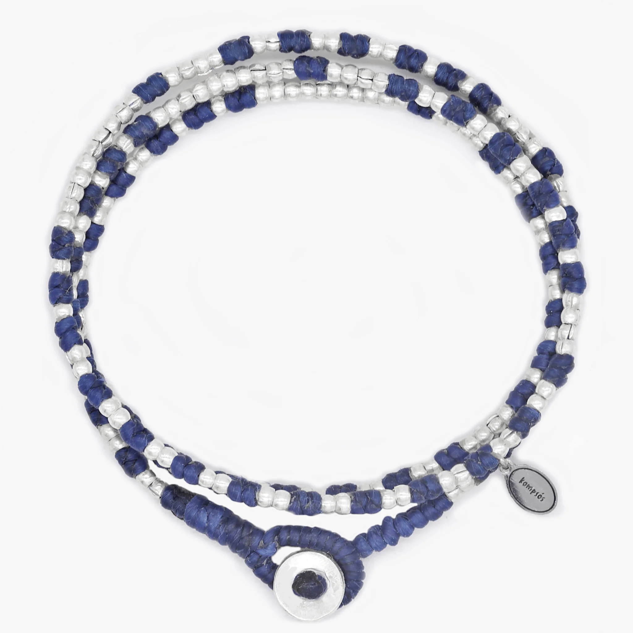 3 Laps Braided Bracelet With Sterling Silver Beads (Navy Blue)