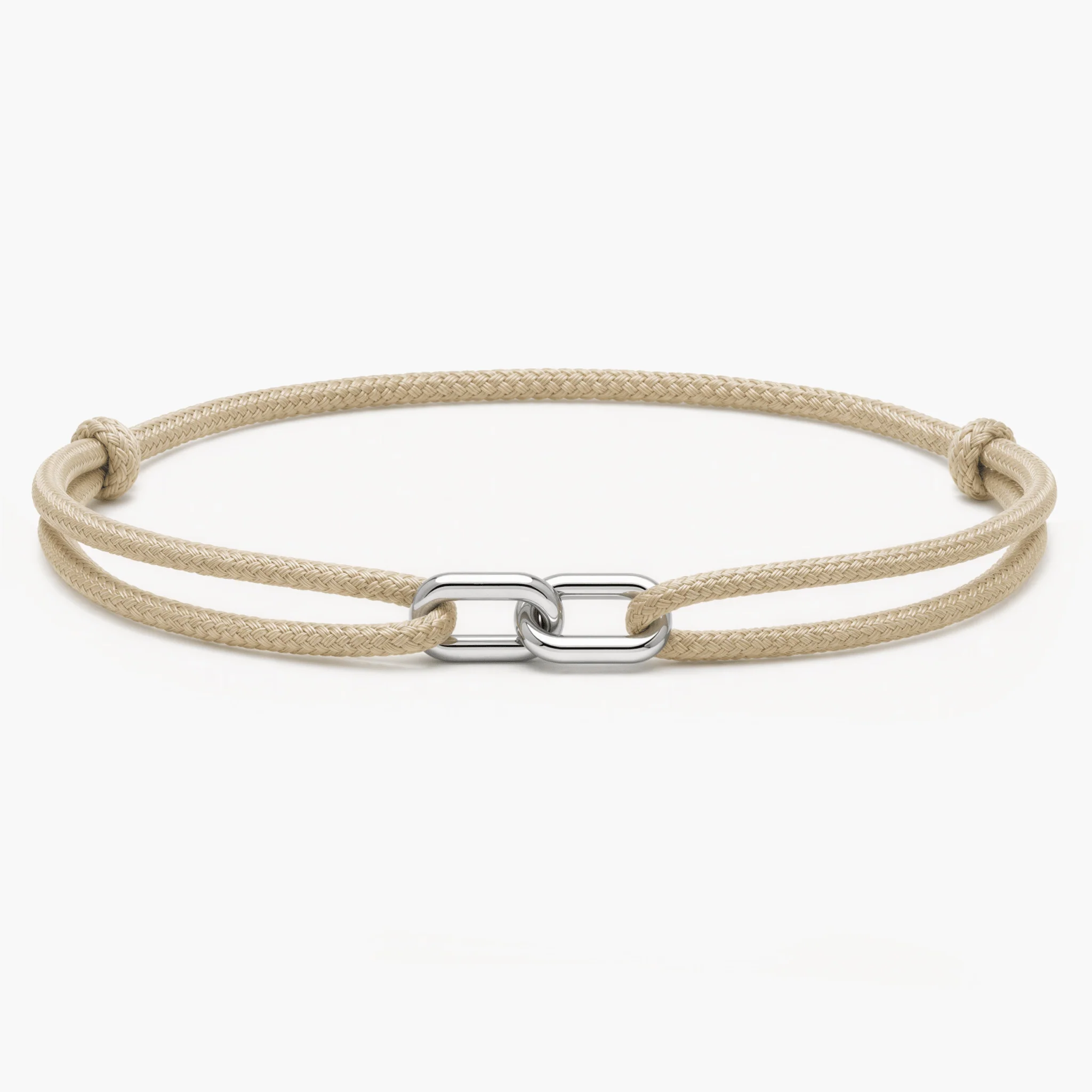 Cord Bracelet With Silver Double Hoop (Beige)