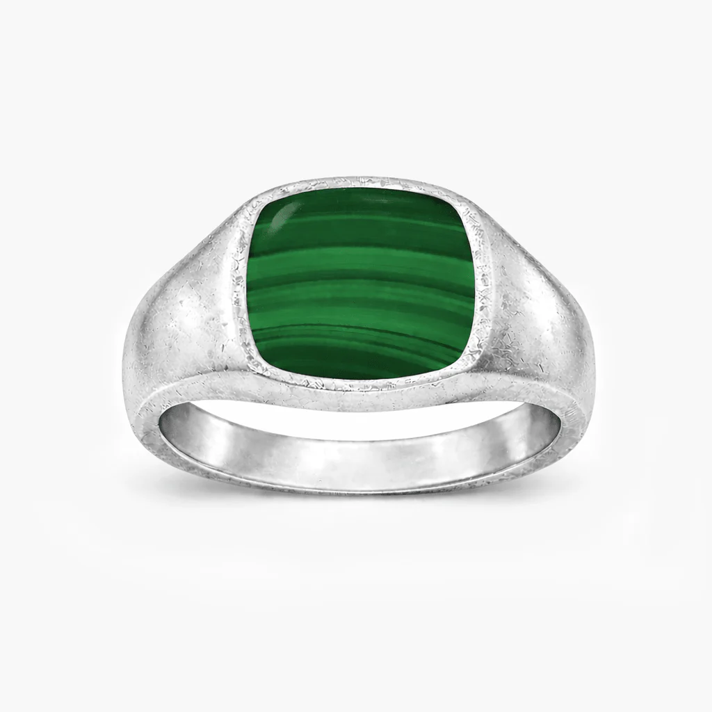 Cushion Signet Ring With Malachite Stone