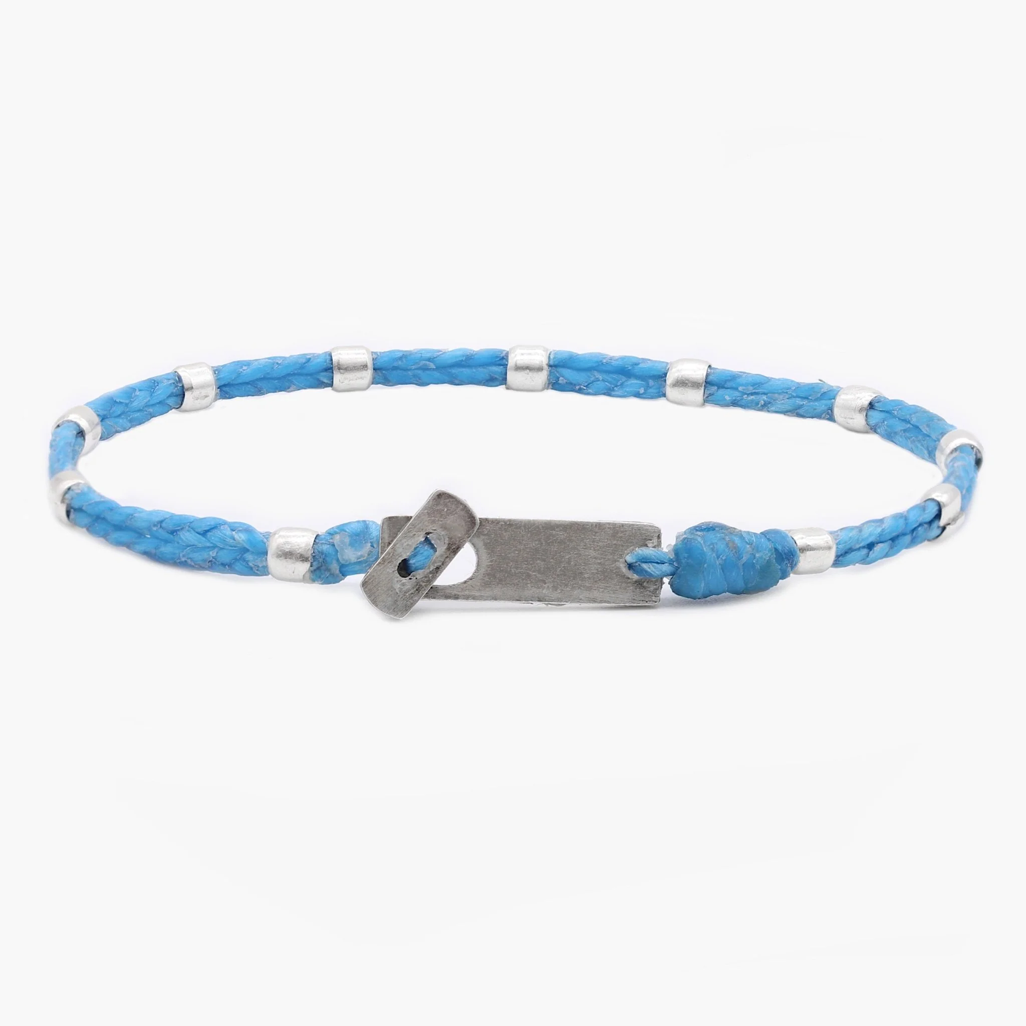 Double Braided Cord With Sterling Silver Crimped Beads Bracelet (Light Blue)