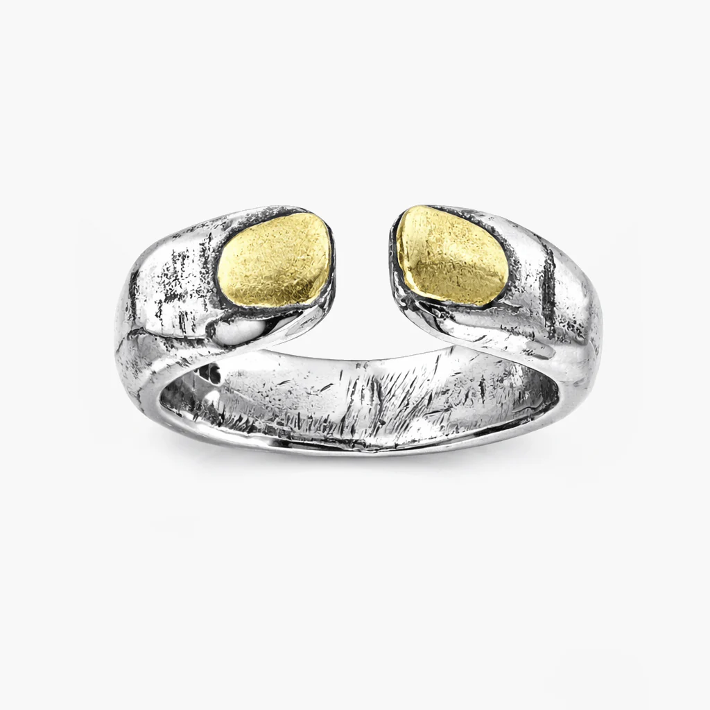 Double Thumbs With Golden Nails Sterling Silver Ring
