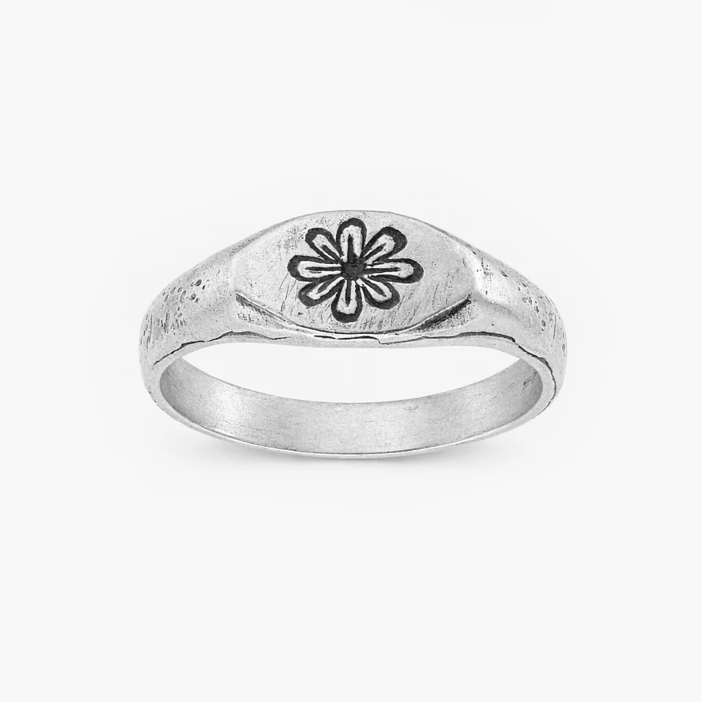 Engraved Daisy Sterling Silver Ring