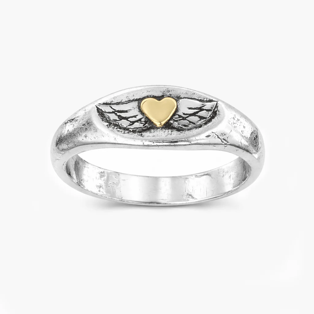 Golden Heart With Wings Sterling Silver Ring