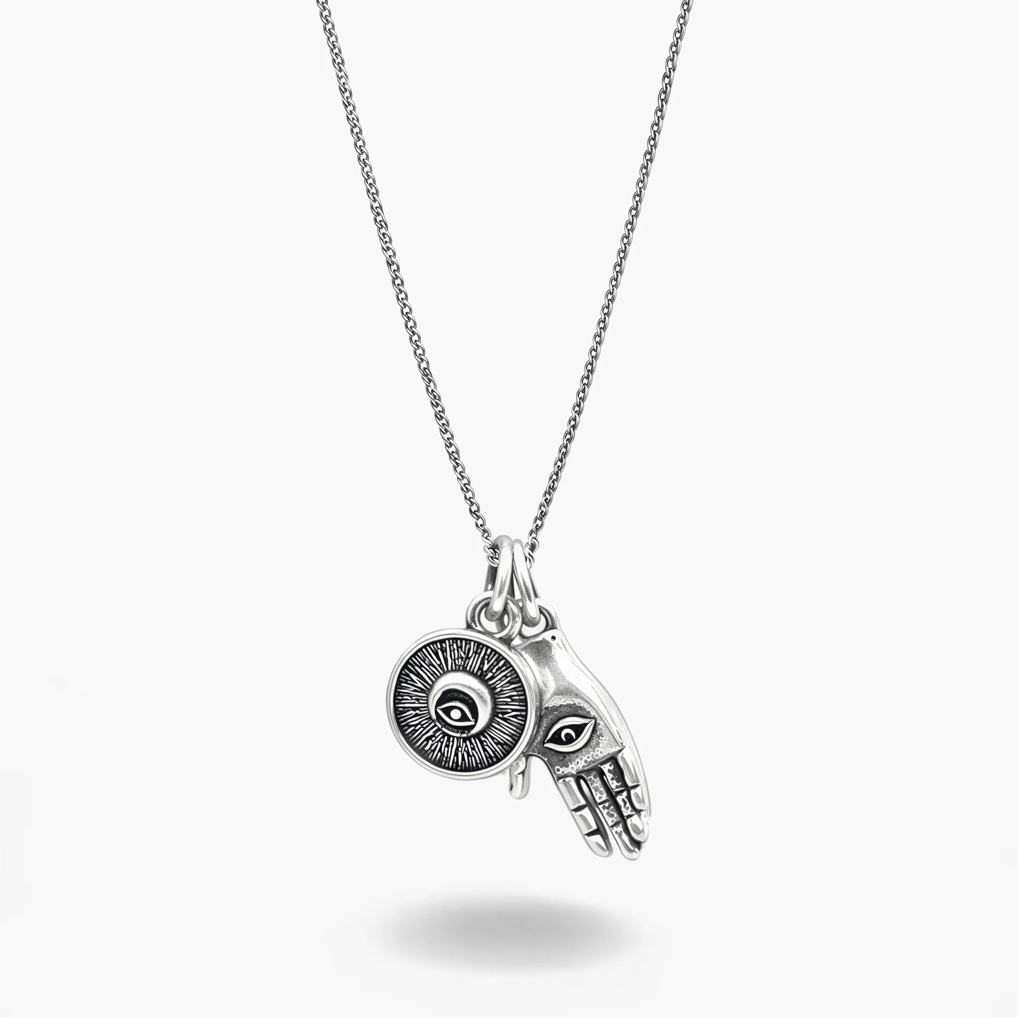 Hamsa & Evil Eye Double Pendants Silver Necklace