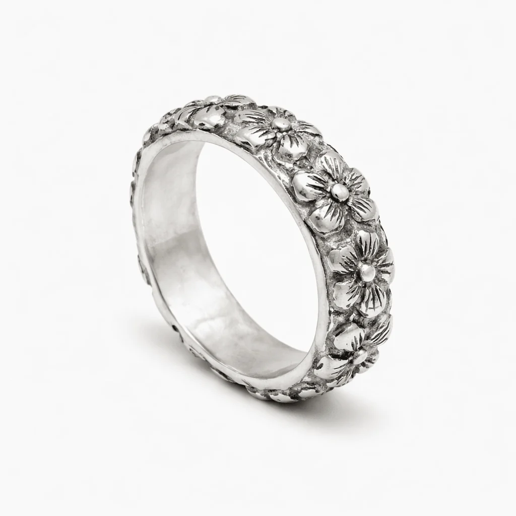 Hand Forged Sterling Silver Ring With Embossed Daisy - Image 2