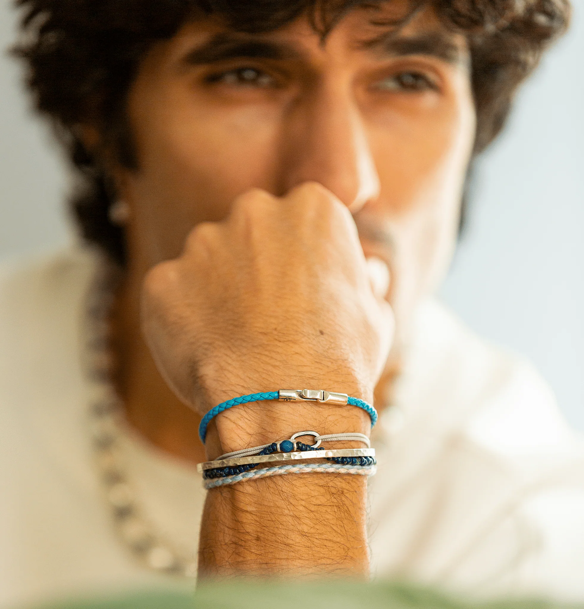 Italian Leather Bracelet With Sterling Silver Clasp (Light Blue) - Image 2