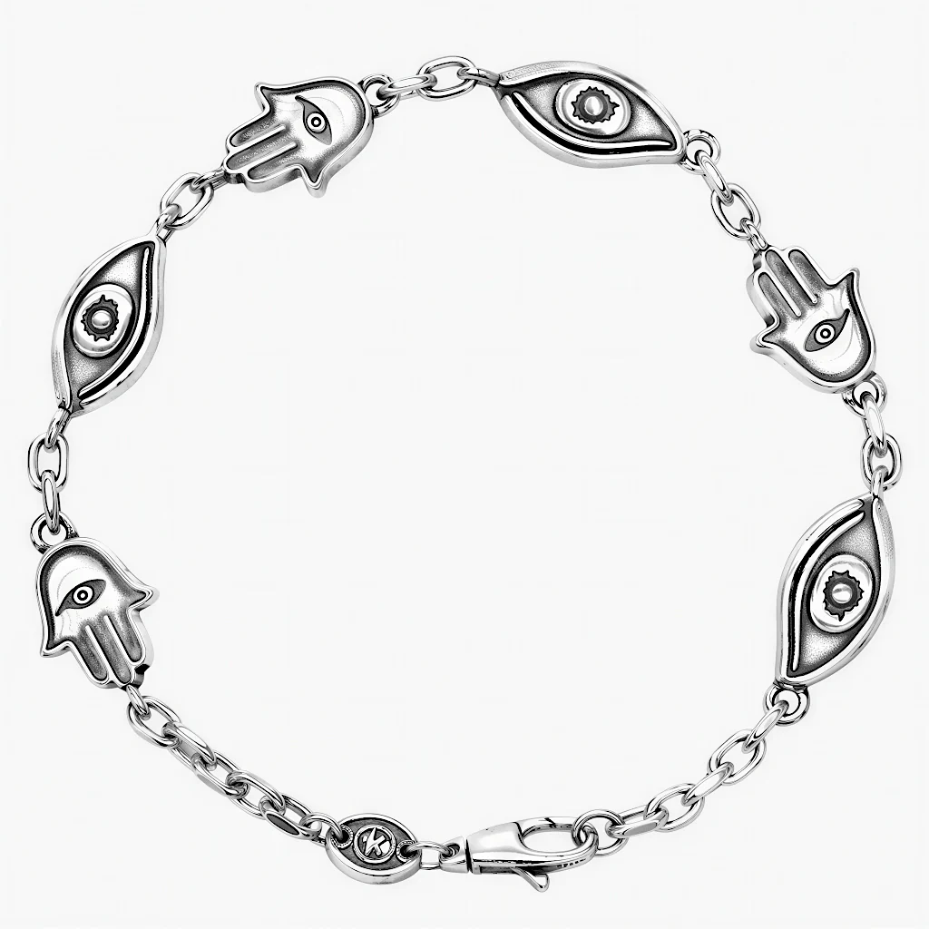 Maxi Sterling Silver Chain Bracelet With Hamsa And Evil Eye