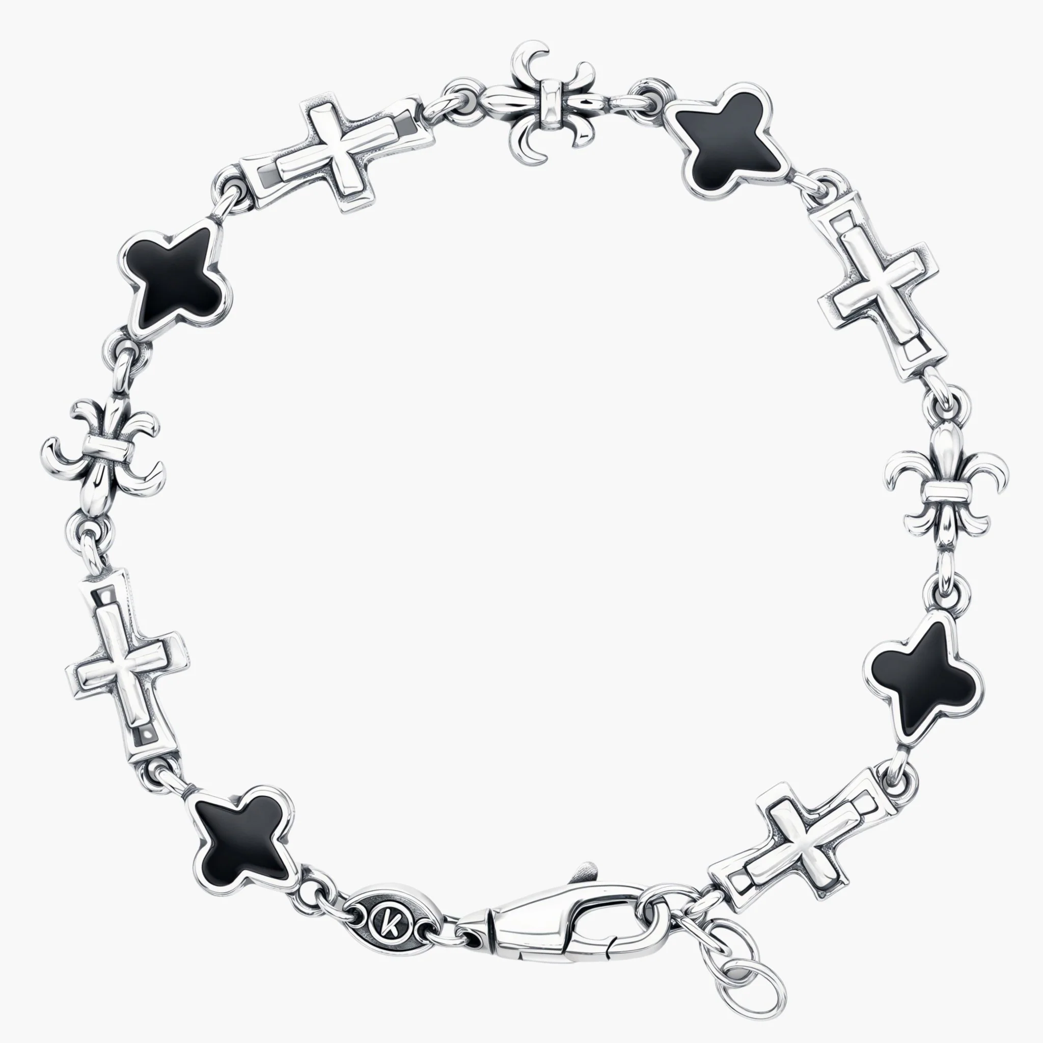 Multi Charms Sterling Silver Chain Bracelet With Matte Onyx