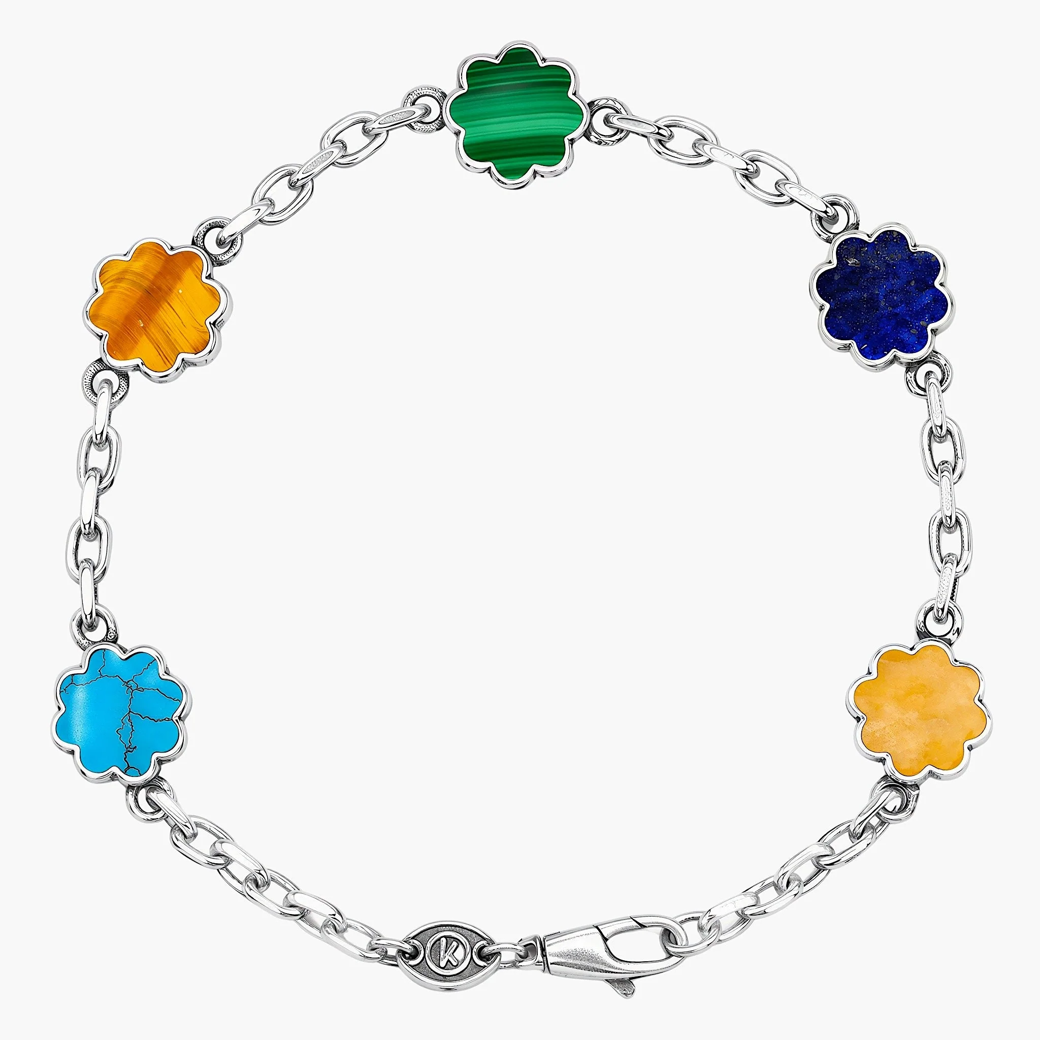 Multi Daisies Sterling Silver Chain Bracelet With Assorted Natural Stones