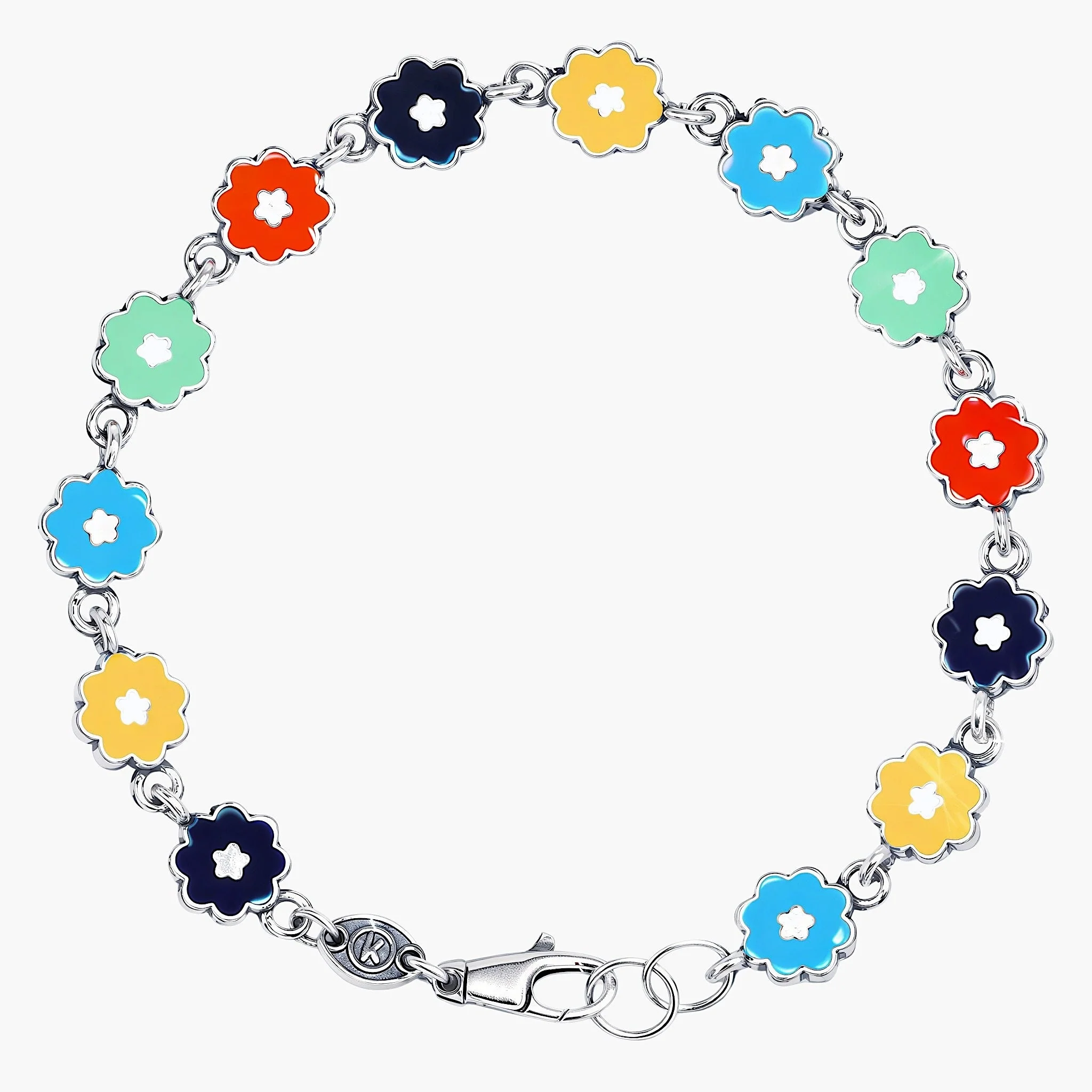 Multi Enameled Flowers Sterling Silver Chain Bracelet