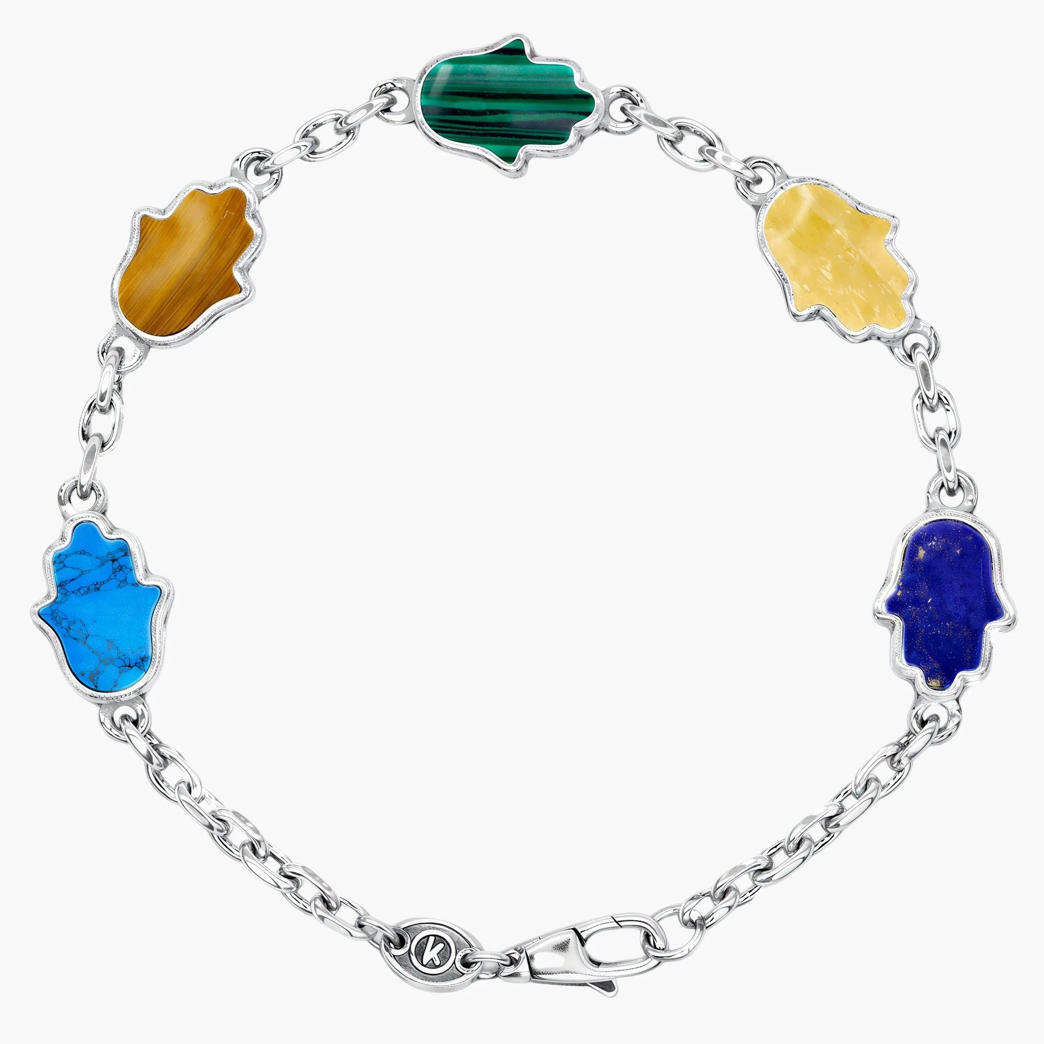Multi Hamsa Sterling Silver Bracelet With Assorted Natural Stones