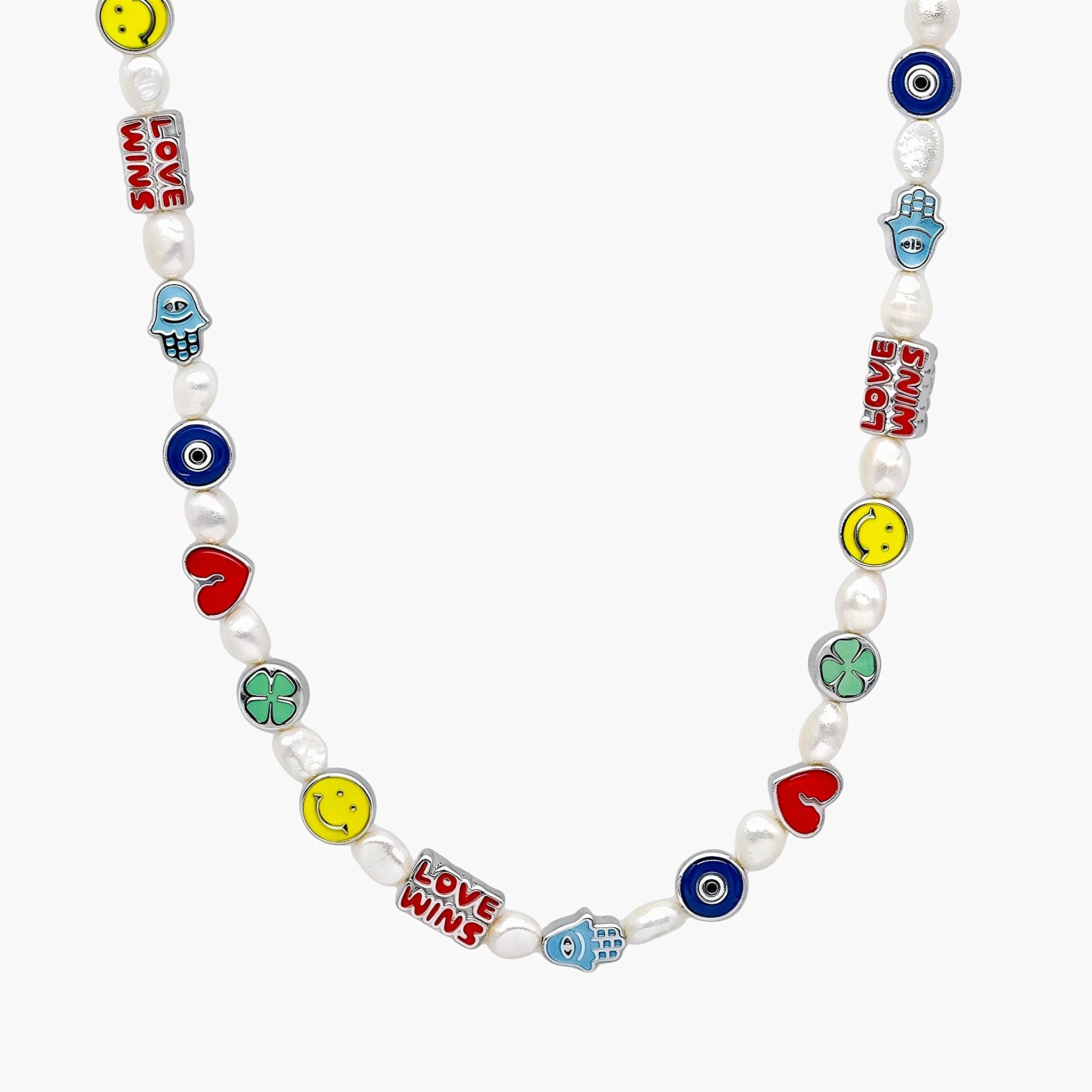 Necklace With Enamelled Charms And Freshwater Pearls