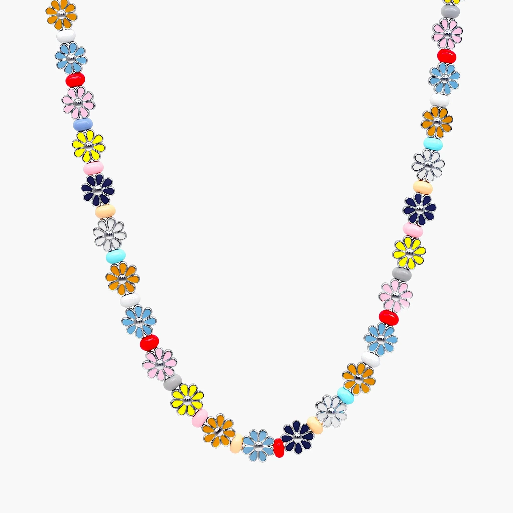 Necklace With Enamelled Flowers And Assorted Pastel Beads