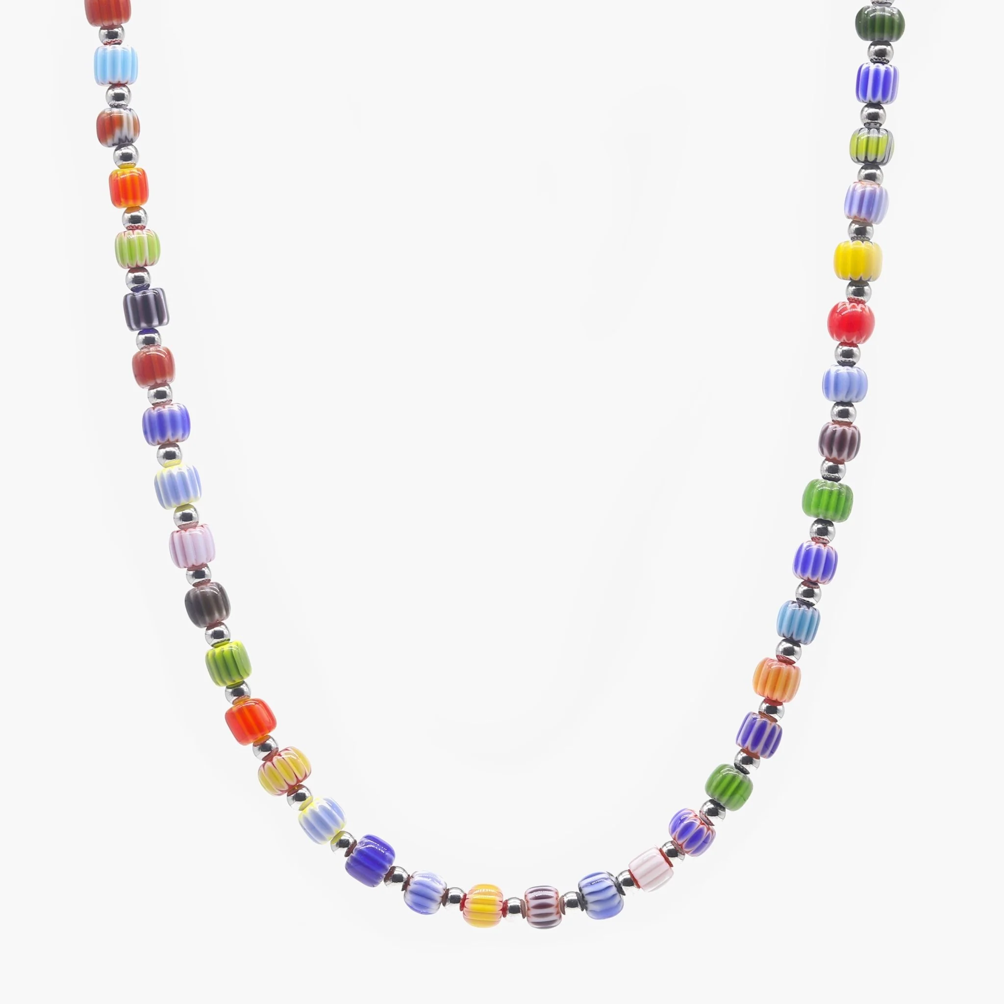 Necklace With Silver And Assorted Chevron Glass Beads
