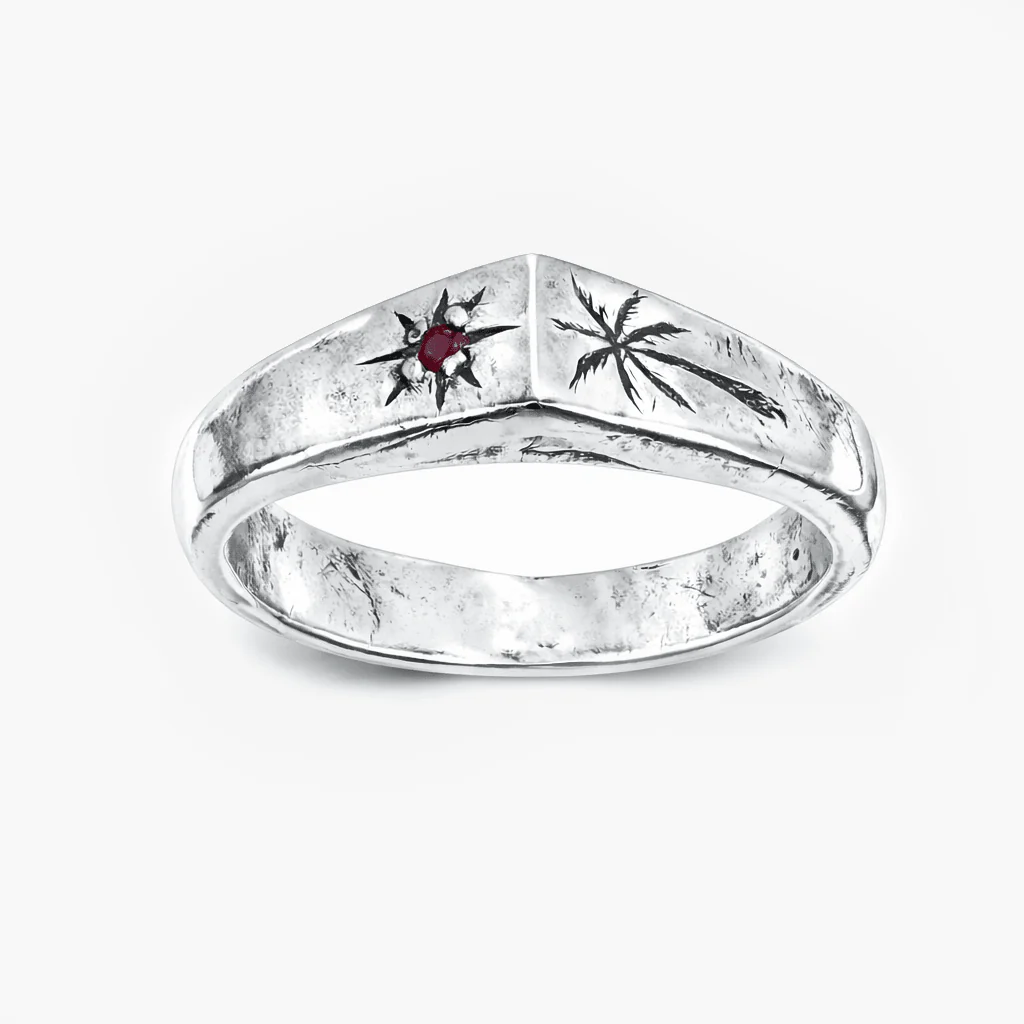 Palm Tree And Garnet Gemstone Sterling Silver Ring
