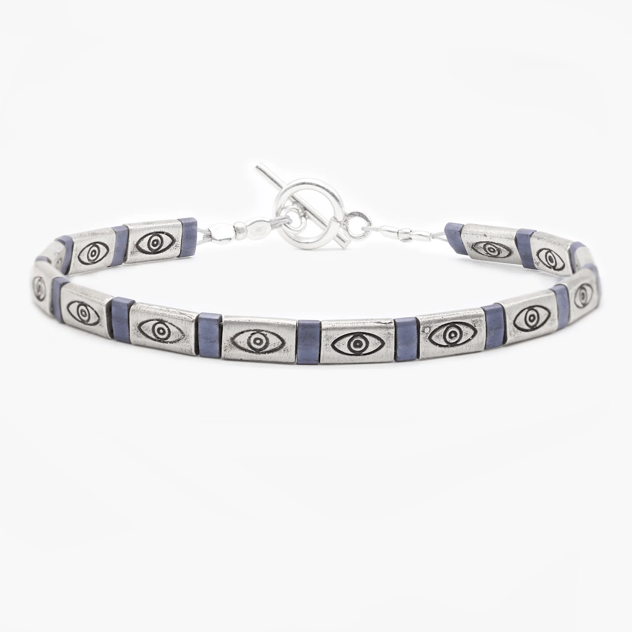 Silver Bracelet With Hand-Forged Evil Eye Flat Beads (Petrol Blue)