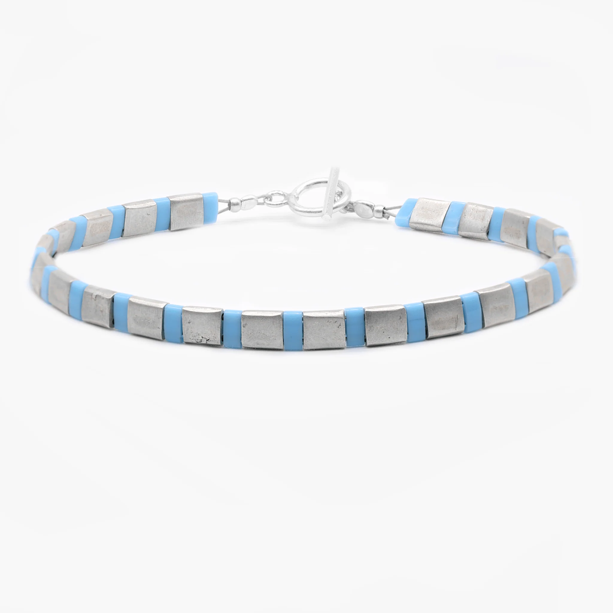 Silver Bracelet With Hand-Forged Tila Beads (Light Blue)