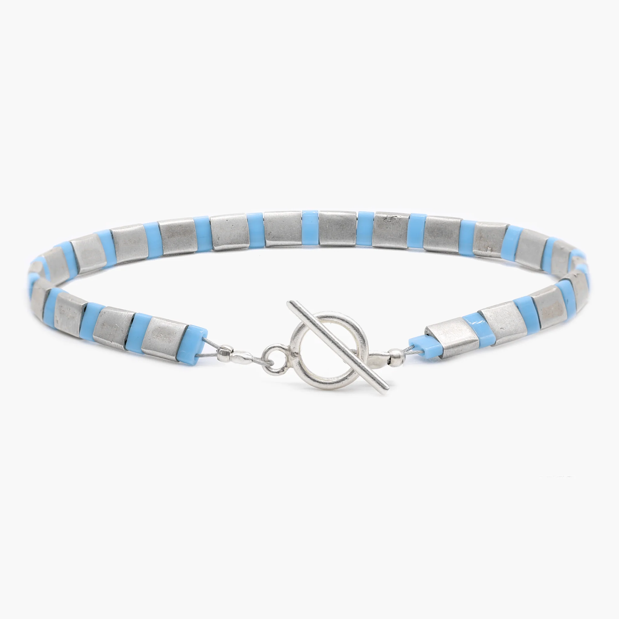 Silver Bracelet With Hand-Forged Tila Beads (Light Blue) - Image 2