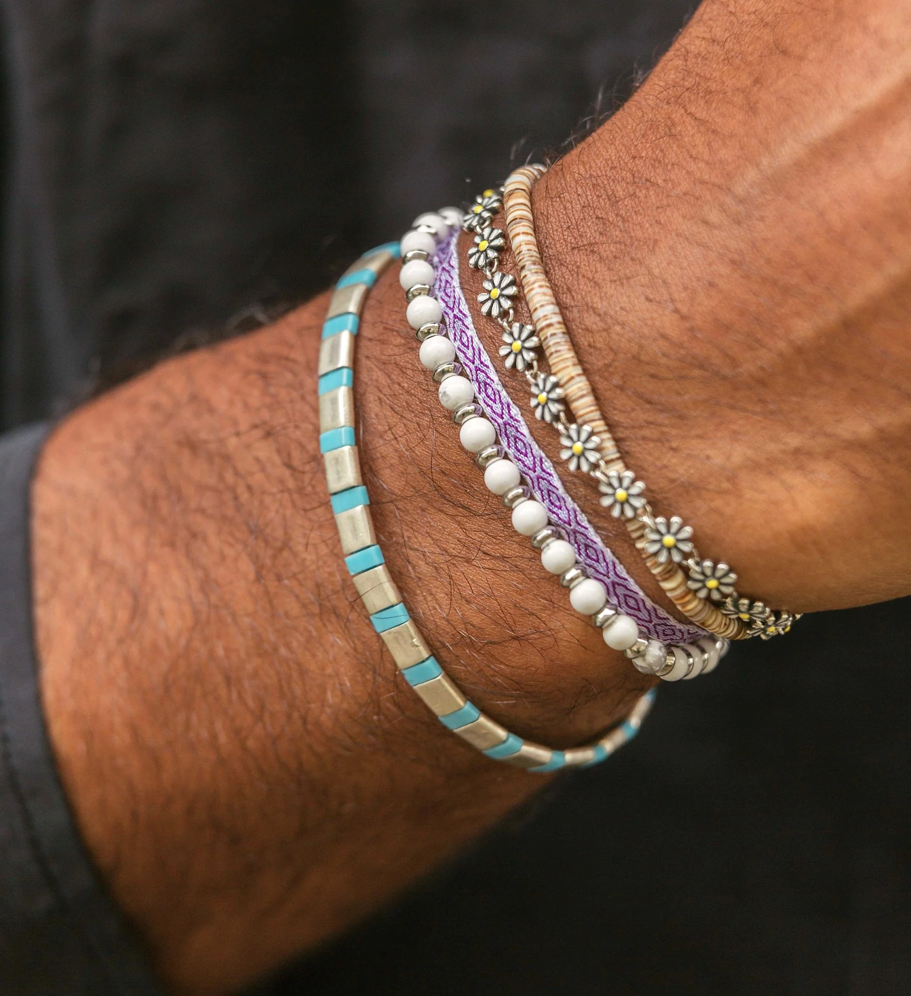 Silver Bracelet With Hand-Forged Tila Beads (Light Blue) - Image 3