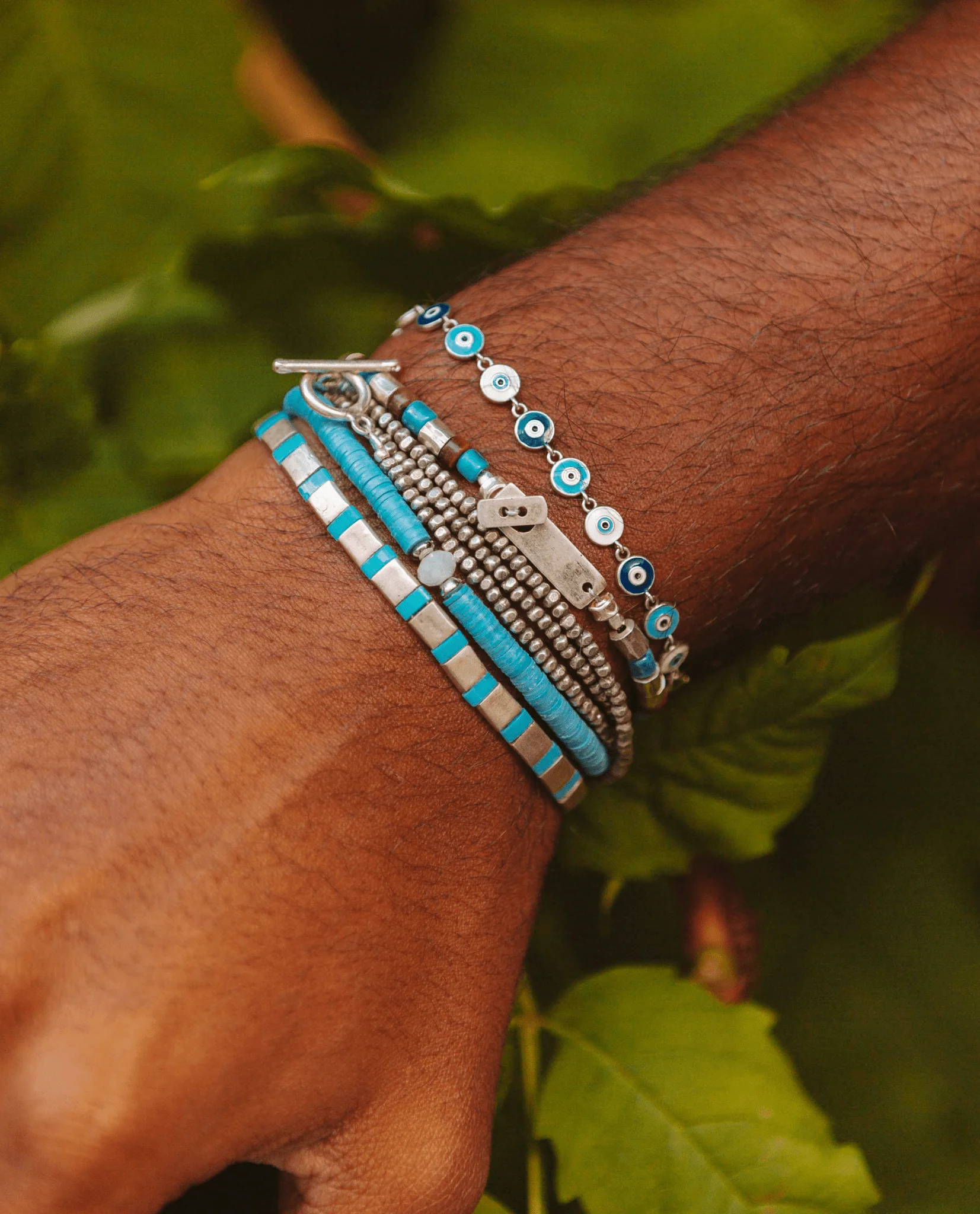 Silver Bracelet With Hand-Forged Tila Beads (Light Blue) - Image 8