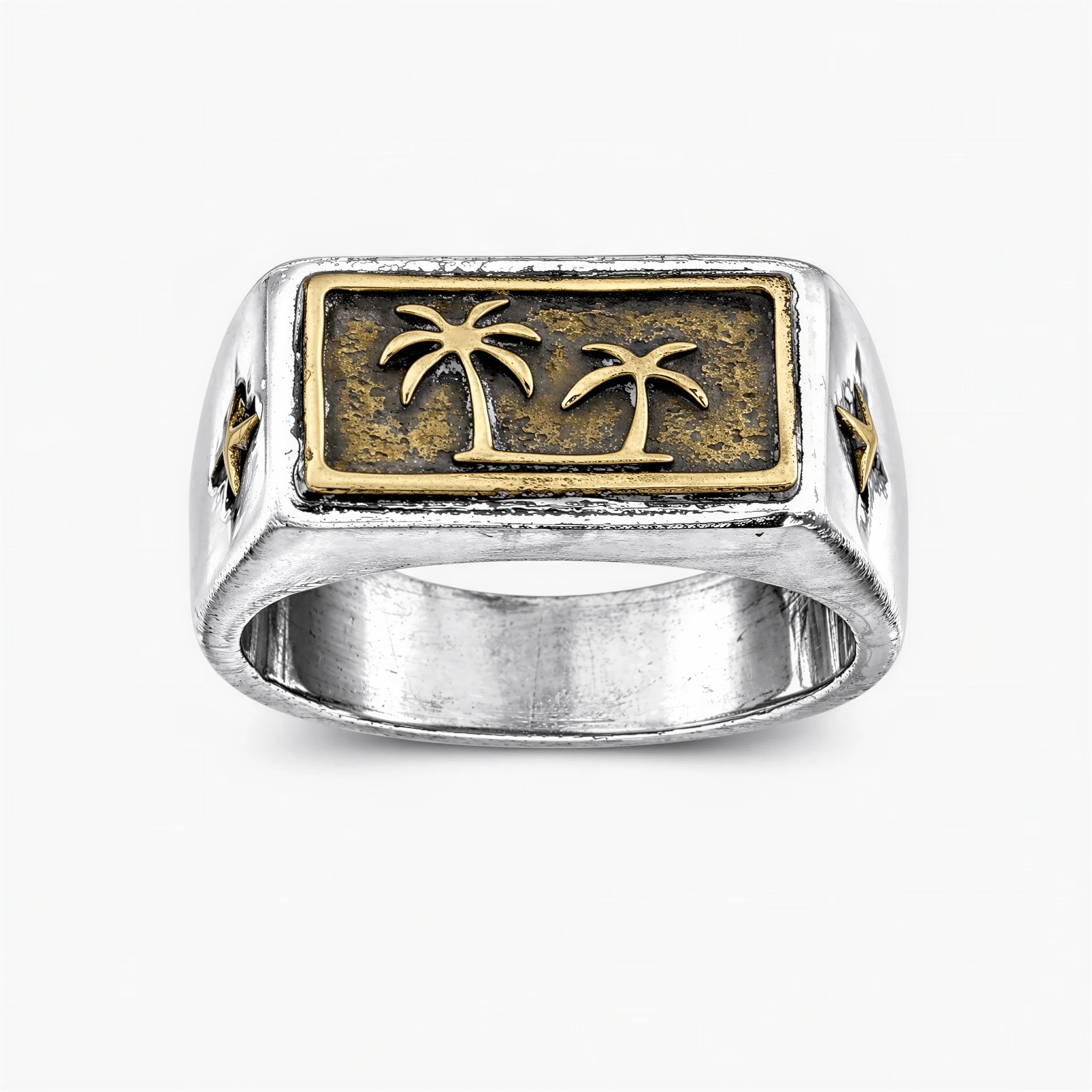 Sterling Silver Signet Ring With Gold Palm Tree