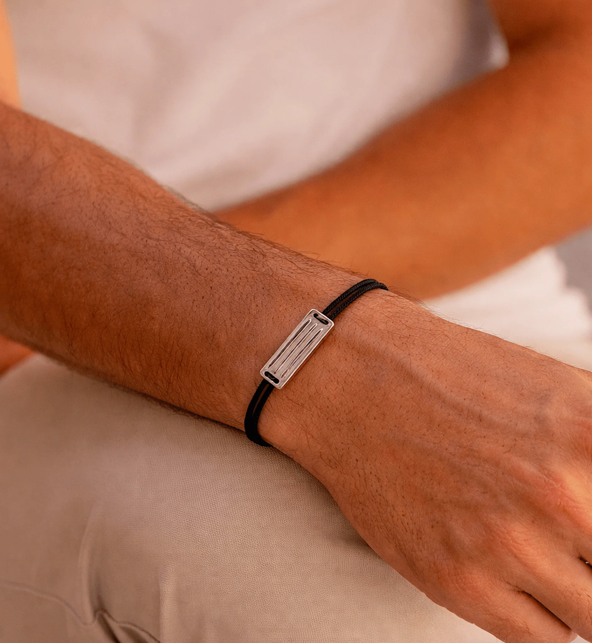 String Bracelet With Linear Silver Plate (Beige) - Image 2